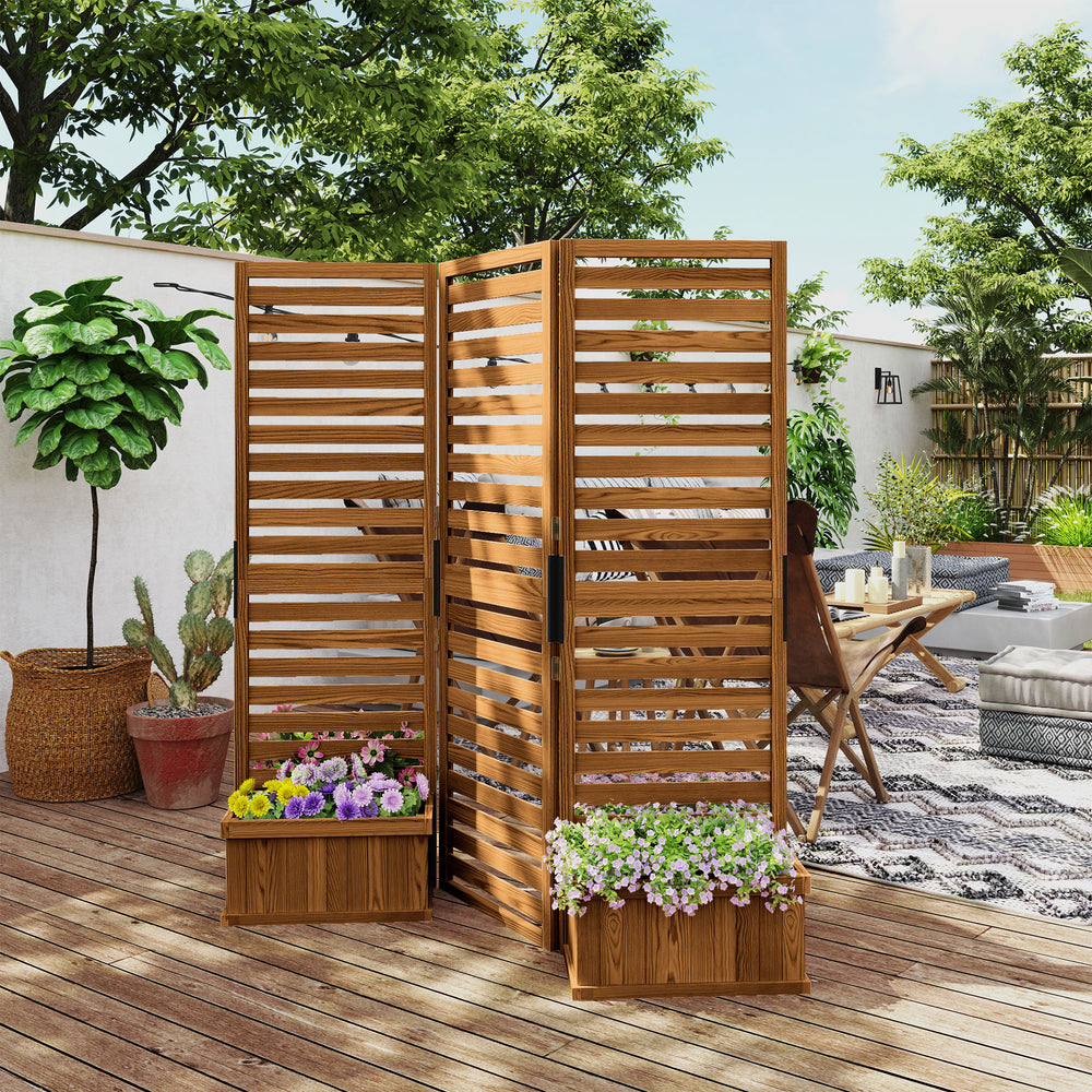 Outdoor Wooden Dividing Screen with 4 Planters, 3-Panel Raised Bed, Drainage Holes, Natural Color