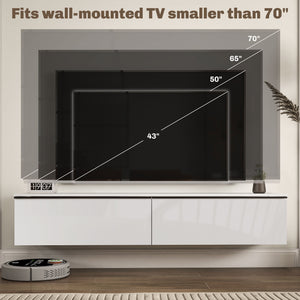 Floating wall-mounted TV cabinet up to 70 inches with storage, glossy effect, white