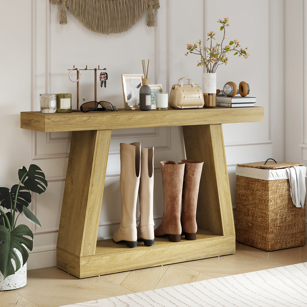 2-Tier Farmhouse Console Table with Storage, Oak Color