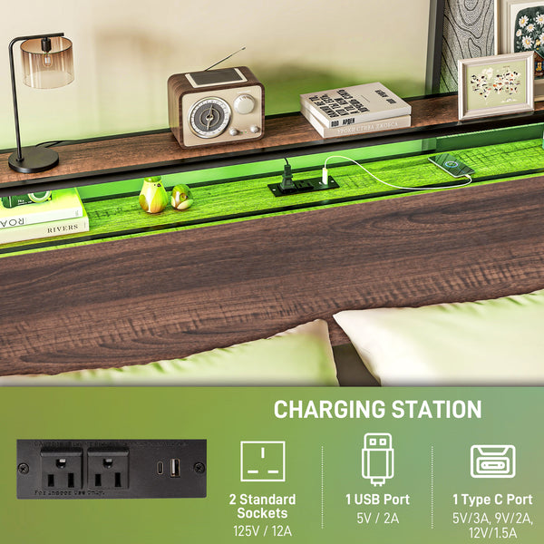 Double bed frame with LED lighting and charging station, walnut