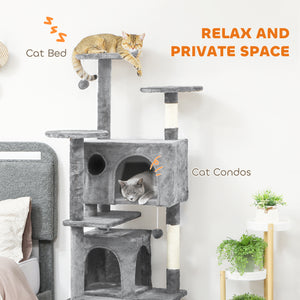 54" Cat Tree, Multi-Level Cat Tower with Scratching Posts, Cat Condos, Bed, Platforms, Ramp, Toy Ball, Light Gray