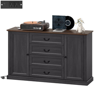 Farmhouse-style buffet with charging station, 4 drawers and 2 doors, black