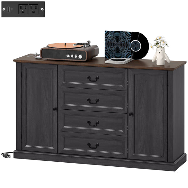 Farmhouse-style buffet with charging station, 4 drawers and 2 doors, black