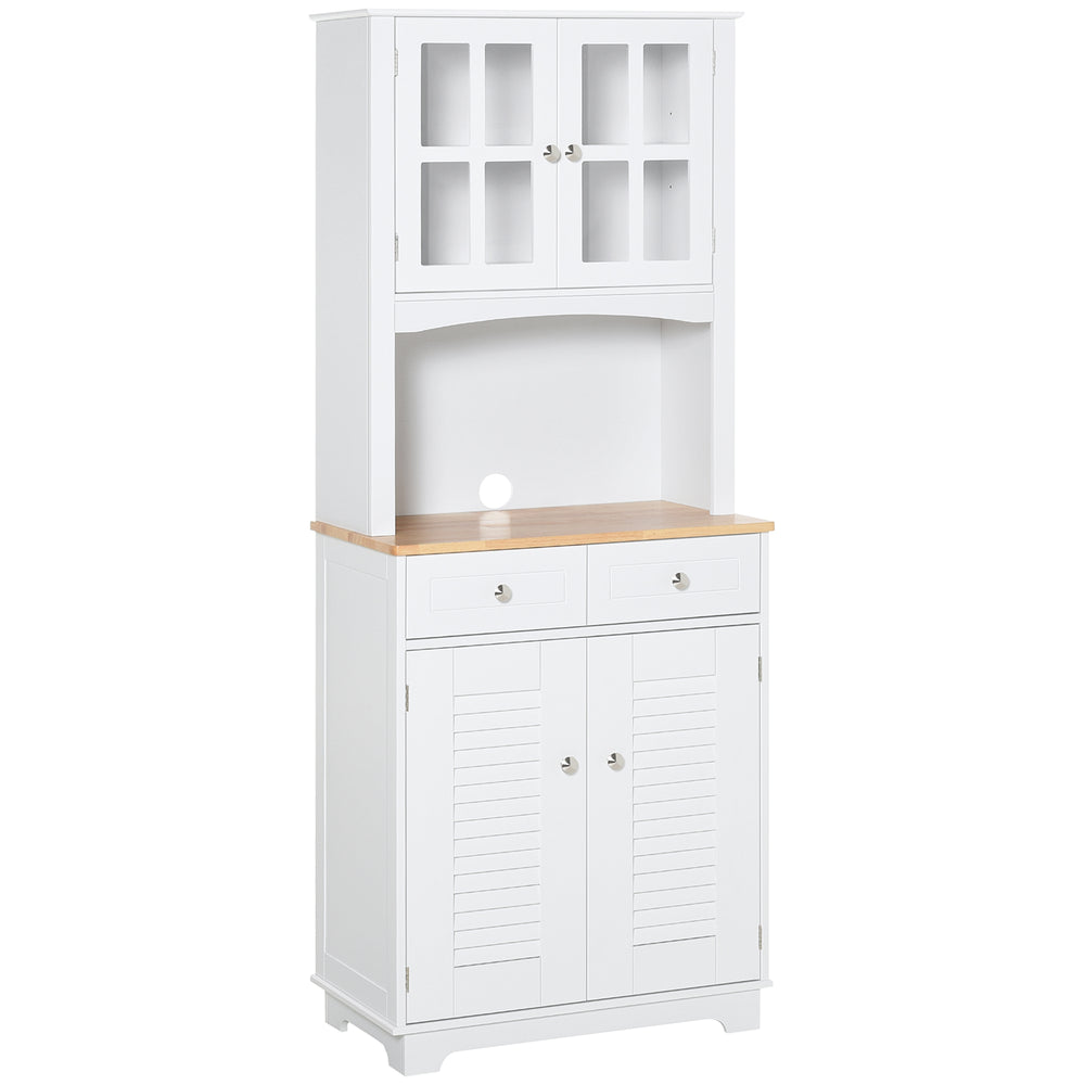 Coastal style kitchen sideboard and display cabinet with framed glass door, louvered drawers, white.