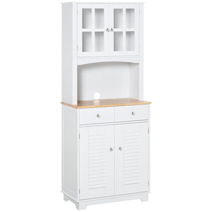 Coastal style kitchen sideboard and display cabinet with framed glass door, louvered drawers, white.