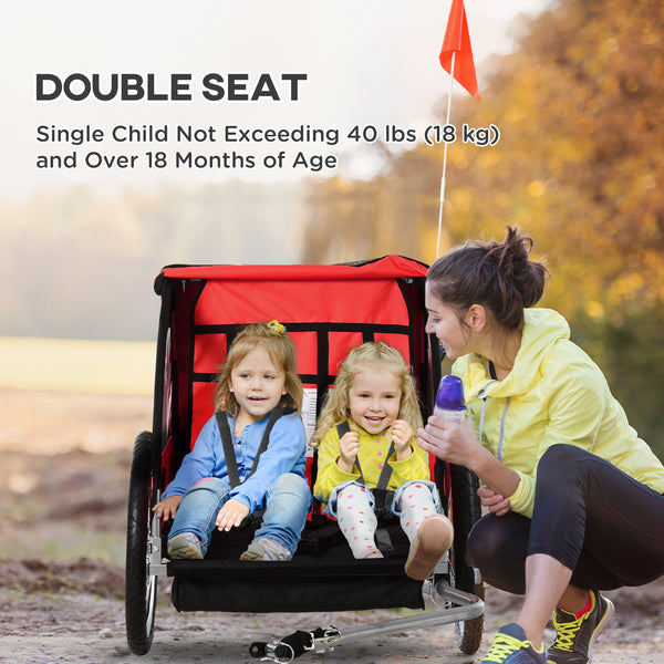 2-seater child bike trailer with 5-point safety harness, red