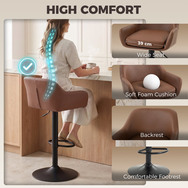 Faux Leather Bar Stools, Adjustable and Swivel, with Backrest, Set of 2, Brown