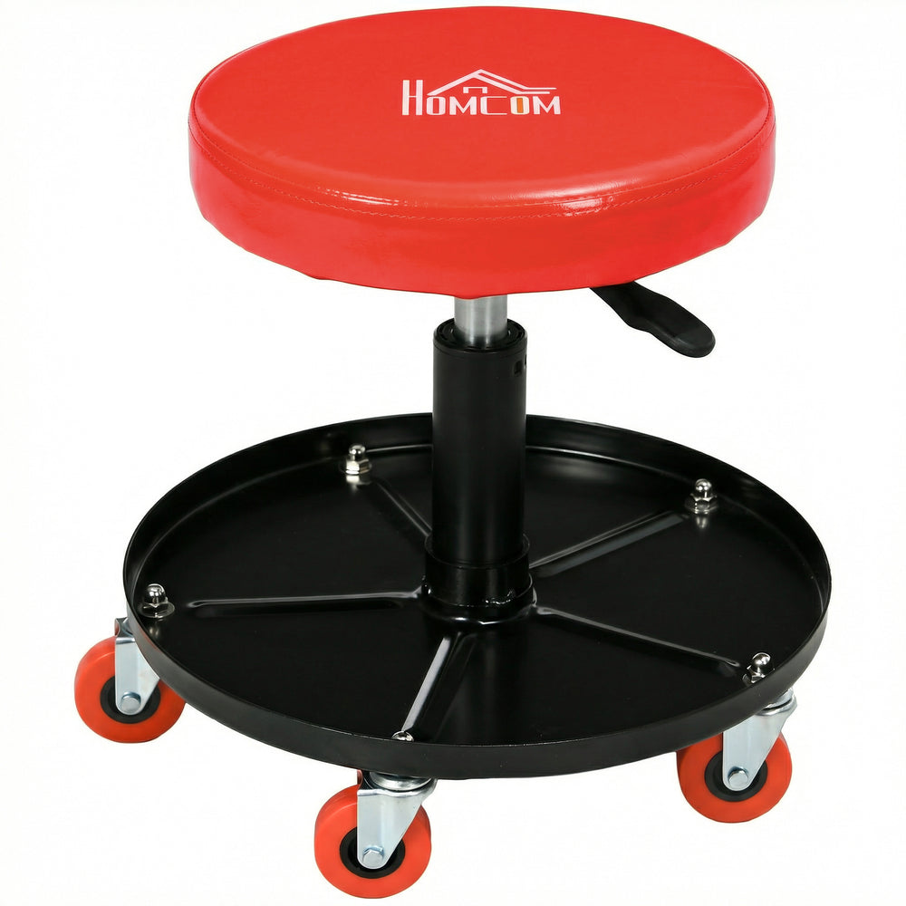 Adjustable mechanic's stool with casters and tool storage tray, red