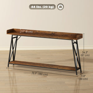 Extra-long console table with storage shelf and railing, industrial style, rustic brown