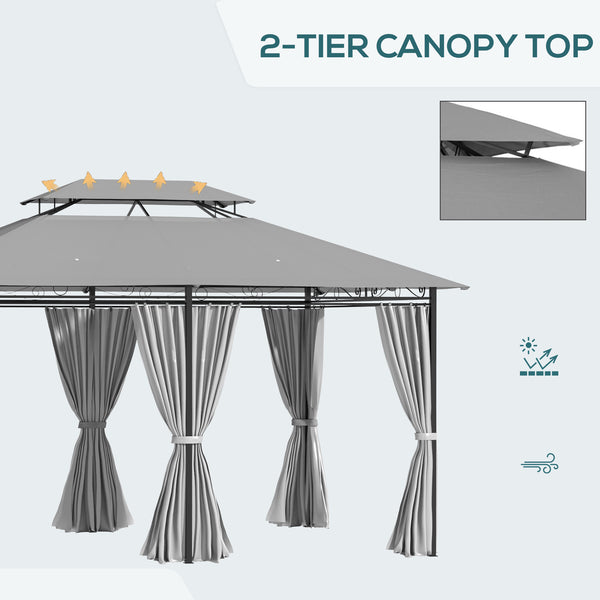 10' x 13' Gazebo, 2-Tier Outdoor Sun Shelter with Curtains, Dark Gray