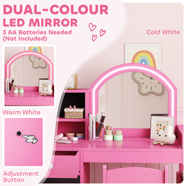 Dressing table and chair set with illuminated mirror, cabinet, drawer and shelves, pink