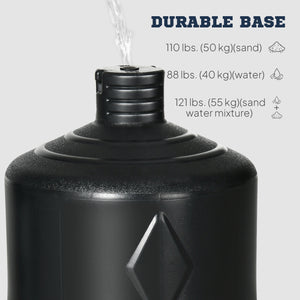 Freestanding, height-adjustable punching bag with fillable base, wrapped in polyurethane