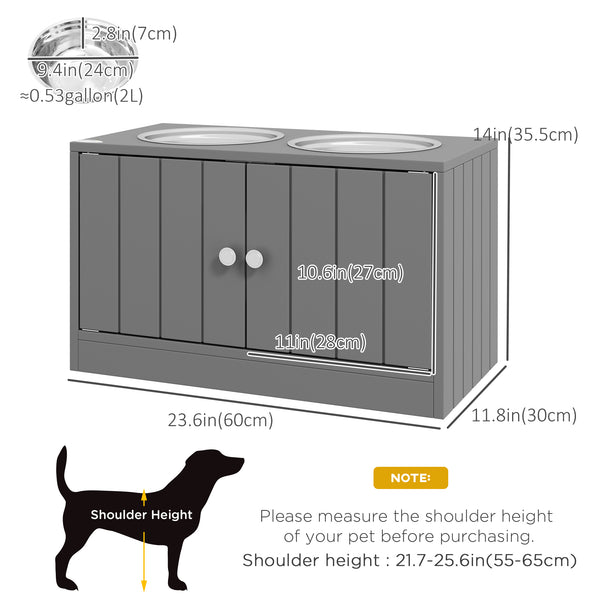 Elevated dog bowls with stand and storage, grey