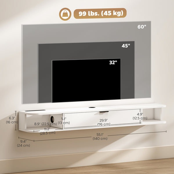 Floating wall-mounted TV unit for TVs up to 60 inches, with a drop-down drawer and 2 open shelves, white