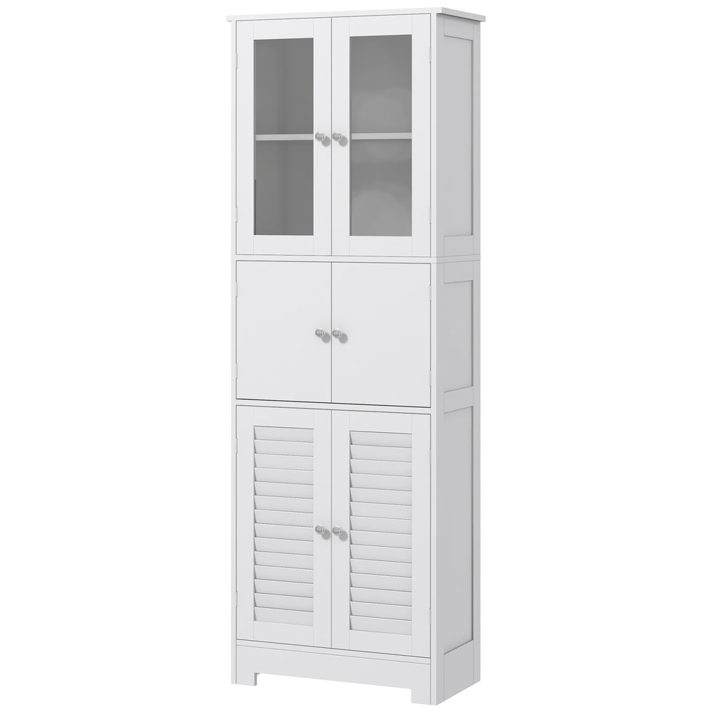 Freestanding bathroom cabinet with glass and louvered doors