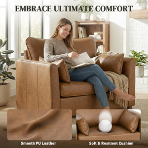 Faux leather accent chair with wide seat, spring cushion, rubberwood legs, 2 cushions, brown