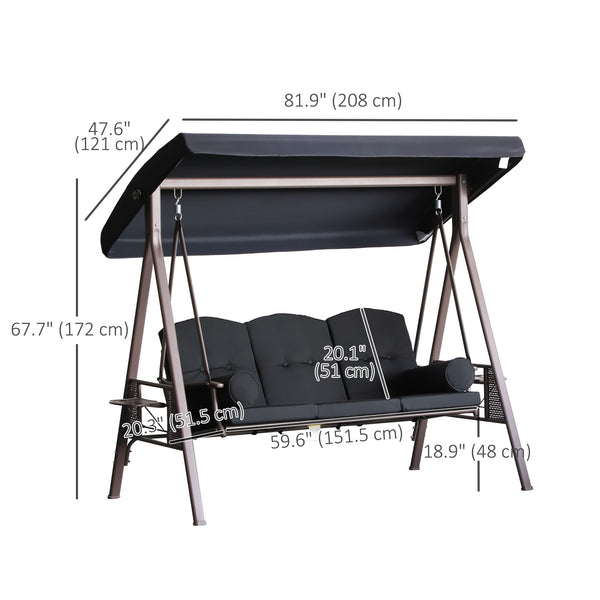 Swing chair for 3 people with steel canopy, black