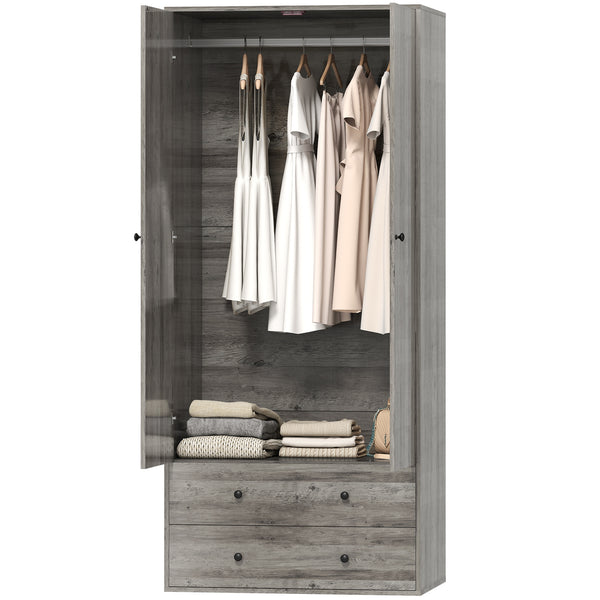 Modern wardrobe with 2 drawers and hanging rod, grey