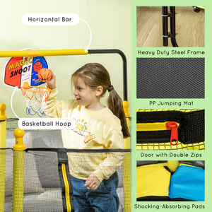 Trampoline 4,6 pieds avec panier de basket, barre horizontale et filet, jaune