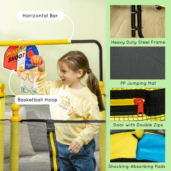 Trampoline 4,6 pieds avec panier de basket, barre horizontale et filet, jaune
