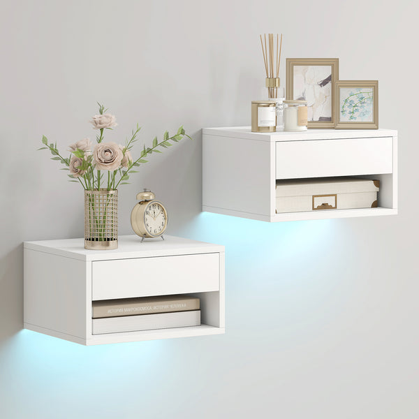 Set of 2 floating bedside tables with RGB LED lighting and storage, white