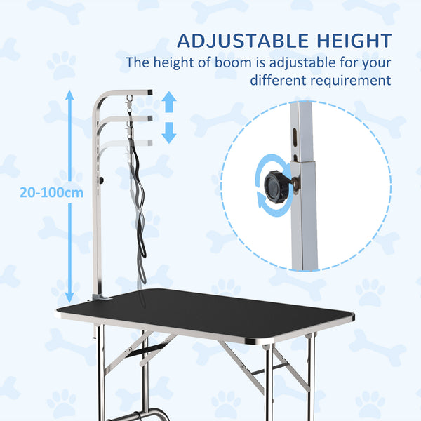 Stainless steel dog grooming table with adjustable arm and basket