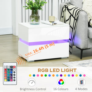 Modern bedside table with 2 drawers and RGB LED lighting, white