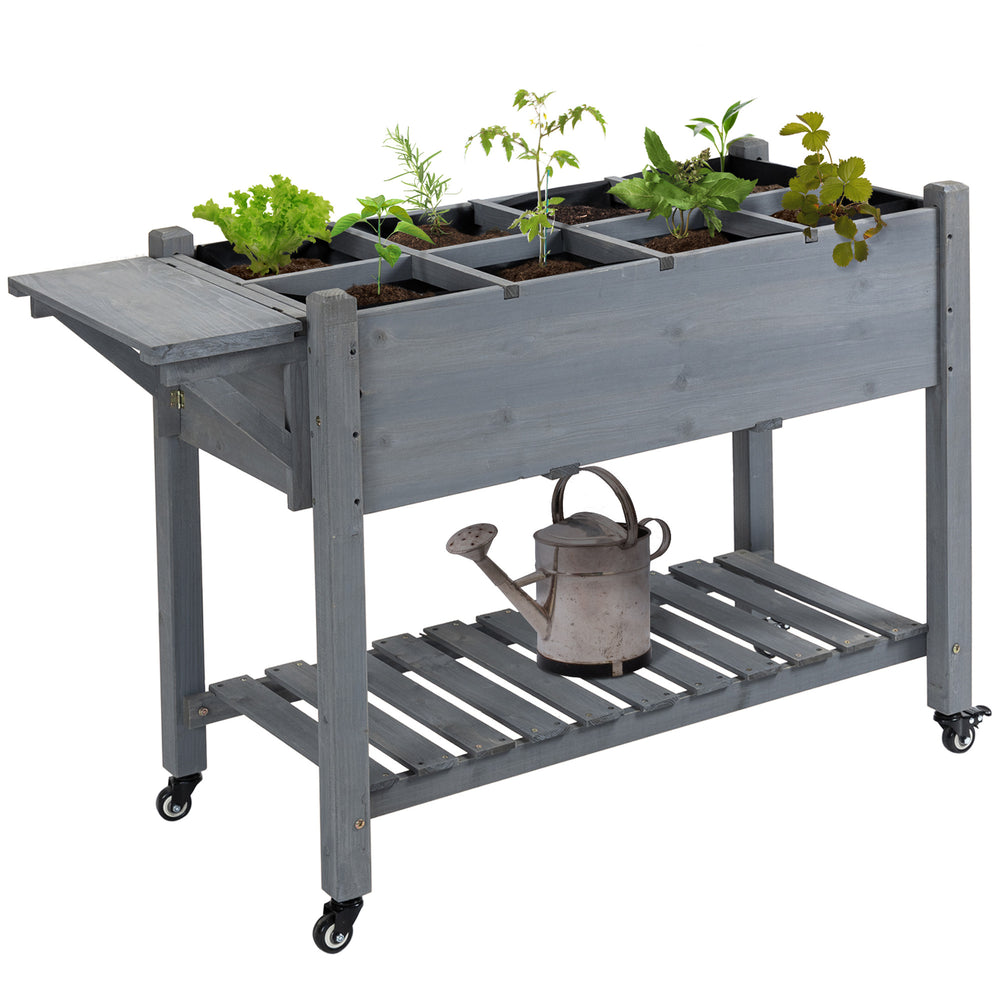 Raised garden bed with 8 compartments and storage shelf, grey