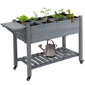Raised garden bed with 8 compartments and storage shelf, grey