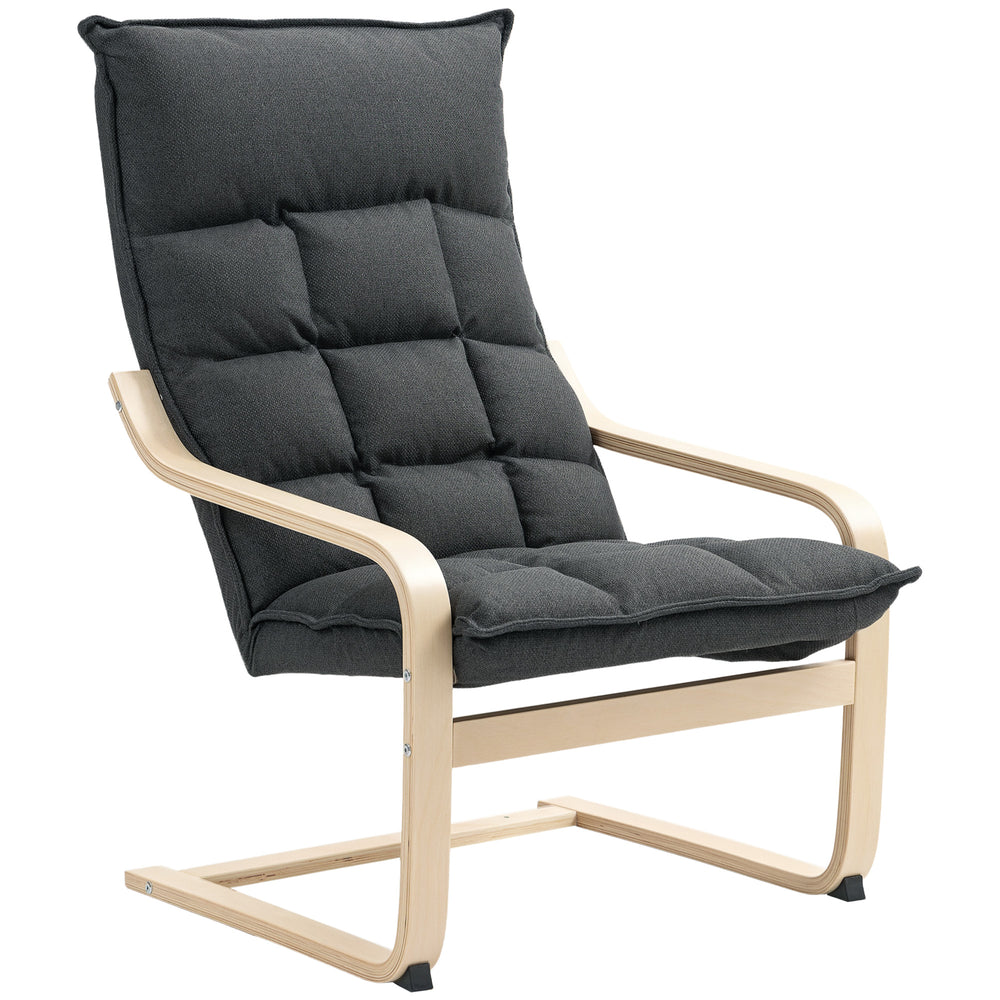 Upholstered accent chair with curved legs and armrests, dark gray