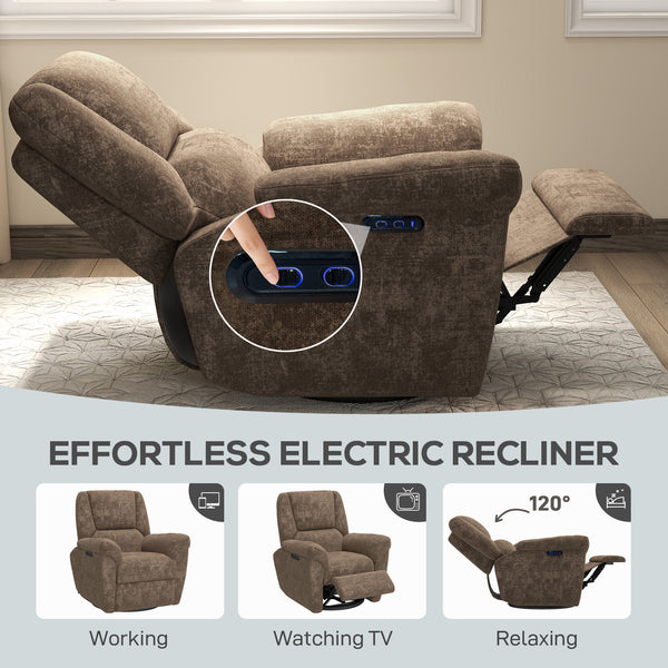 Electric reclining armchair, upholstered in fabric, with USB ports, swivel and rocking function, and footrest, Brown