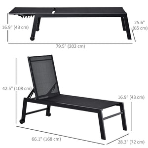 Outdoor Lounge Chair, Patio Lounger with 5-Position Reclining Backrest and 2 Wheels for Poolside, Beach, Lawn, Black