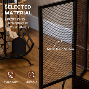 Decorative 3-panel steel mesh fire screen with double doors, black