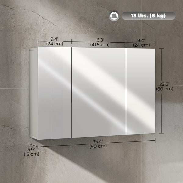 35" x 24" Wall-Mounted Medicine Cabinet with Mirror, 3 Doors and Adjustable Shelves, Gray