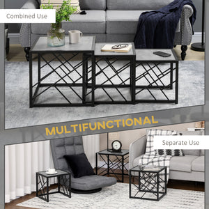 Set of 3 square nesting tables with metal frame, gray