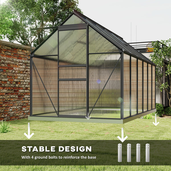 Ground-level greenhouse with adjustable roof ventilation, galvanized base, sliding door and gutter, anthracite grey