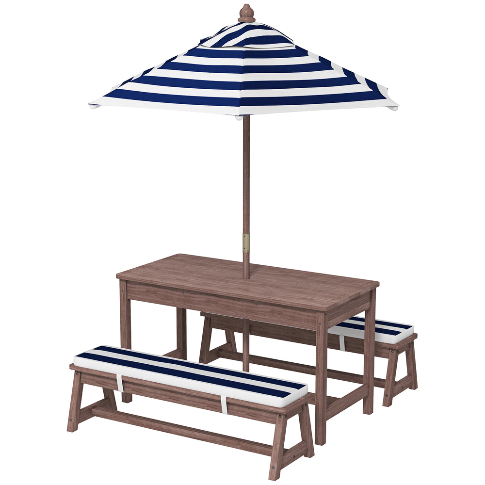 Wooden picnic table and bench set with removable parasol and cushions
