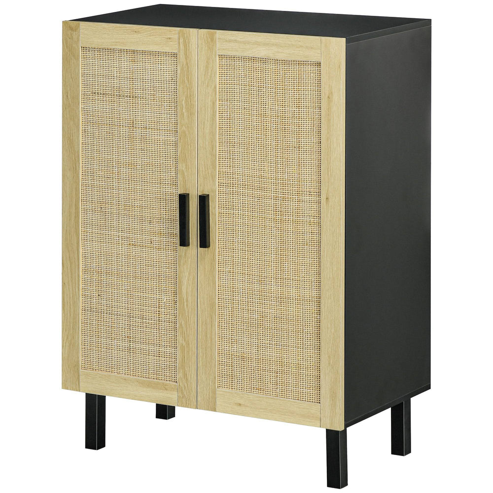 Bohemian sideboard, sideboard with 2 rattan doors and adjustable shelves, black and beige 
