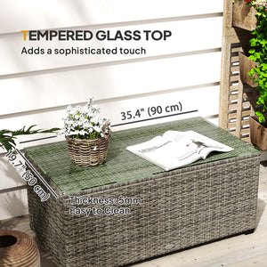 Wicker Outdoor Coffee Table, PE Wicker Rectangular Patio Table with Tempered Glass Top for Garden, Balcony, Dark Grey