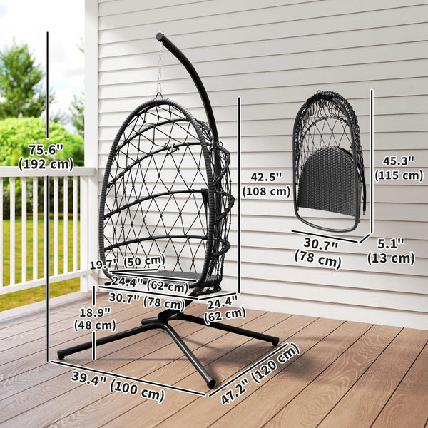 Hanging chair with stand, in woven rattan with thick cushion and safety rope, black
