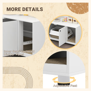 Litter box cabinet with double doors and integrated scratching post, white