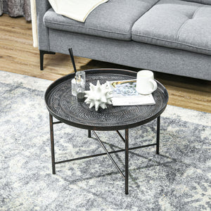Vintage round coffee table with hammered top and metal frame, pewter color
