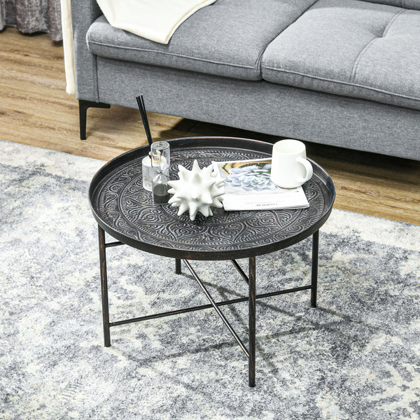 Vintage round coffee table with hammered top and metal frame, pewter color