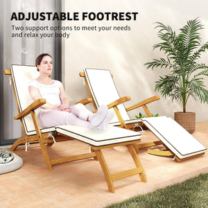 Folding Sun Lounger with Padded Cushion, Acacia Wood Recliner with Footrest for Garden, White