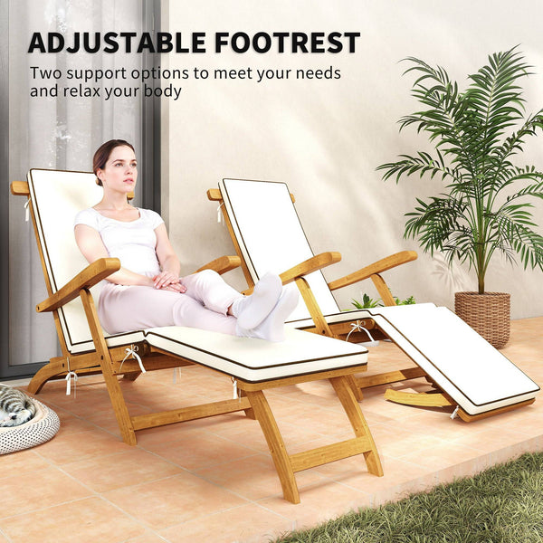 Folding Sun Lounger with Padded Cushion, Acacia Wood Recliner with Footrest for Garden, White
