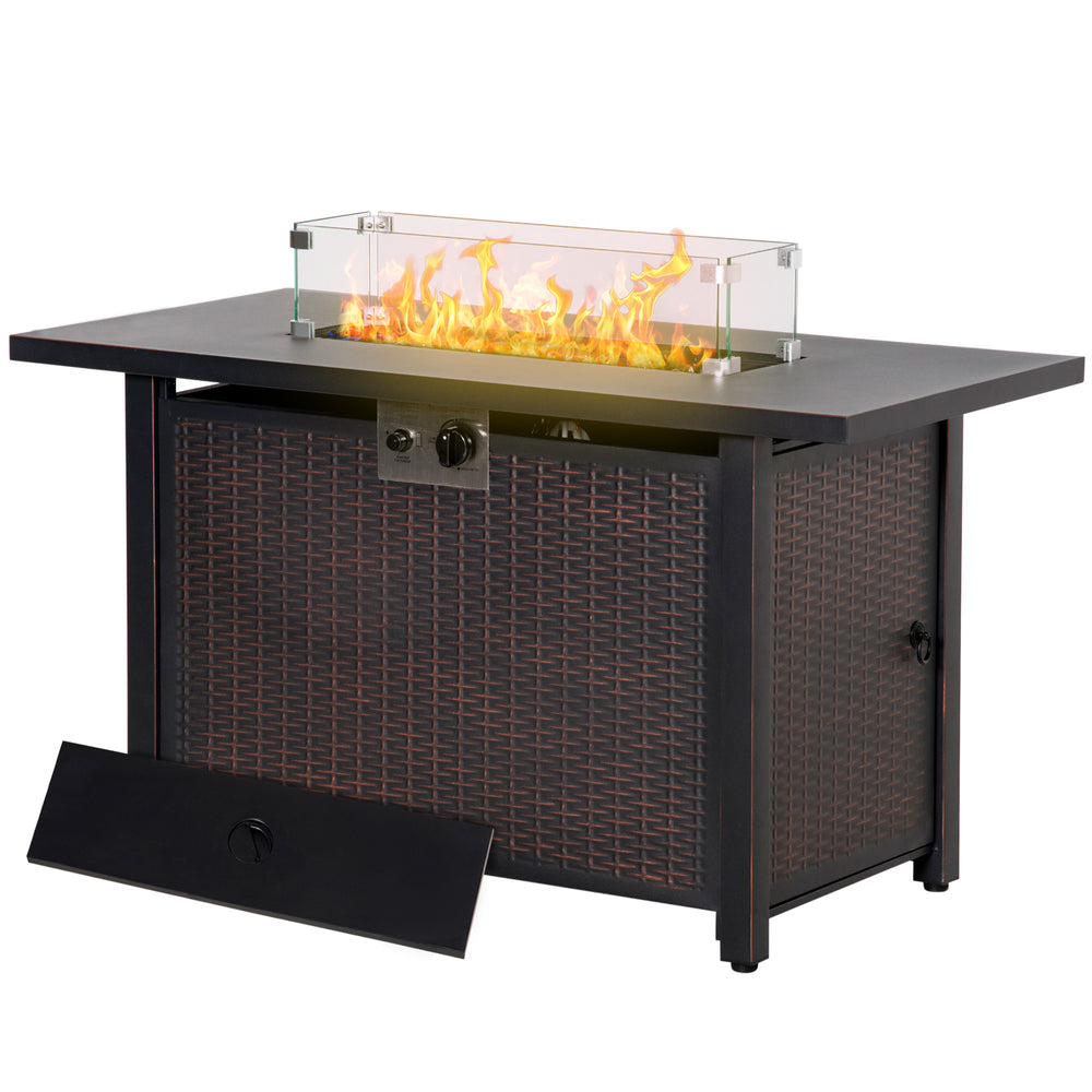 43" Outdoor Propane Gas Fire Pit Table, Wicker Patio Gas Firepit w/ Glass Wind Guard, 50,000 BTU CSA Certified Bronze