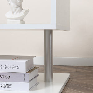 S-shaped wooden table with 3 storage shelves, white