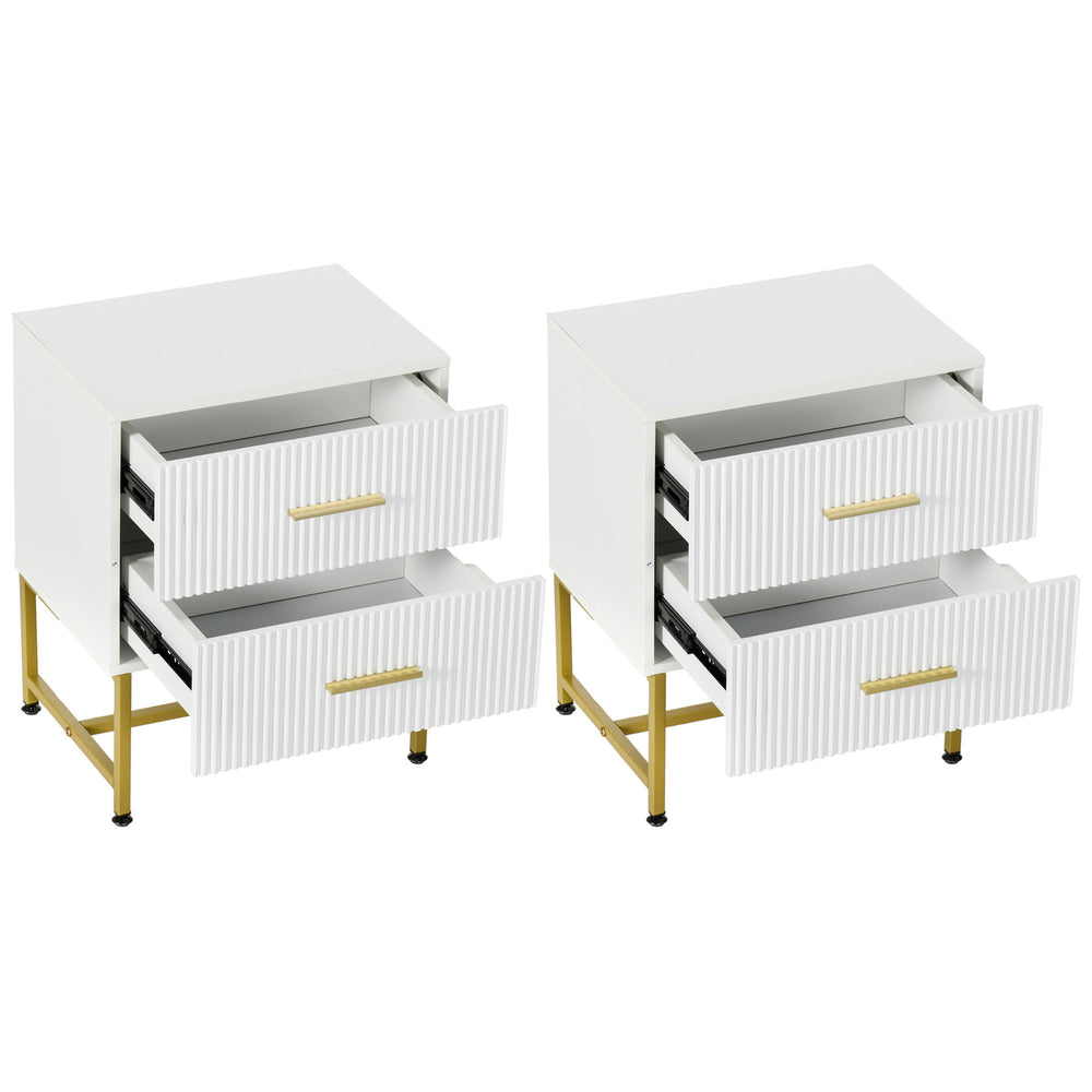 Set of 2 modern bedside tables with 2 fluted drawers and gold legs, white
