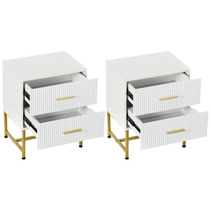 Set of 2 modern bedside tables with 2 fluted drawers and gold legs, white