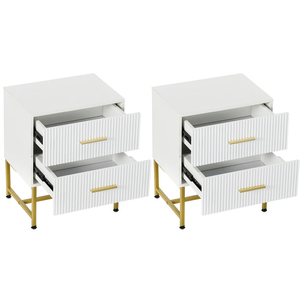 Set of 2 modern bedside tables with 2 fluted drawers and gold legs, white